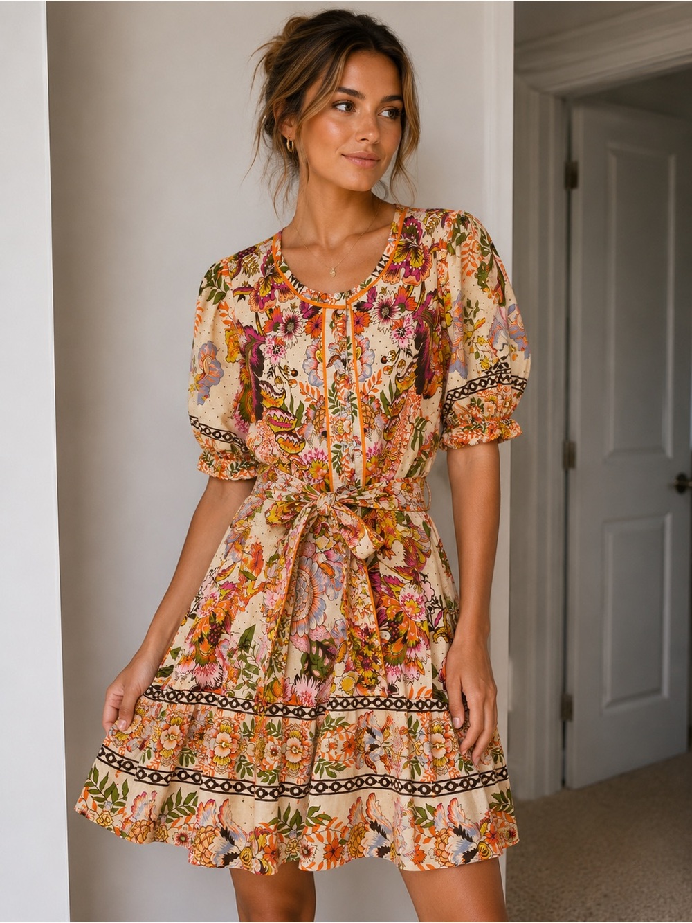 Tie-Waist Floral Mini Dress in Beige
